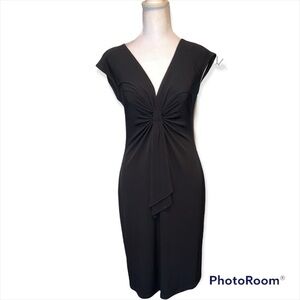 LIZZATTI‎ Petite Black Cap Sleeve V-Neck Knot Front Sheath Dress Knee Length 4P